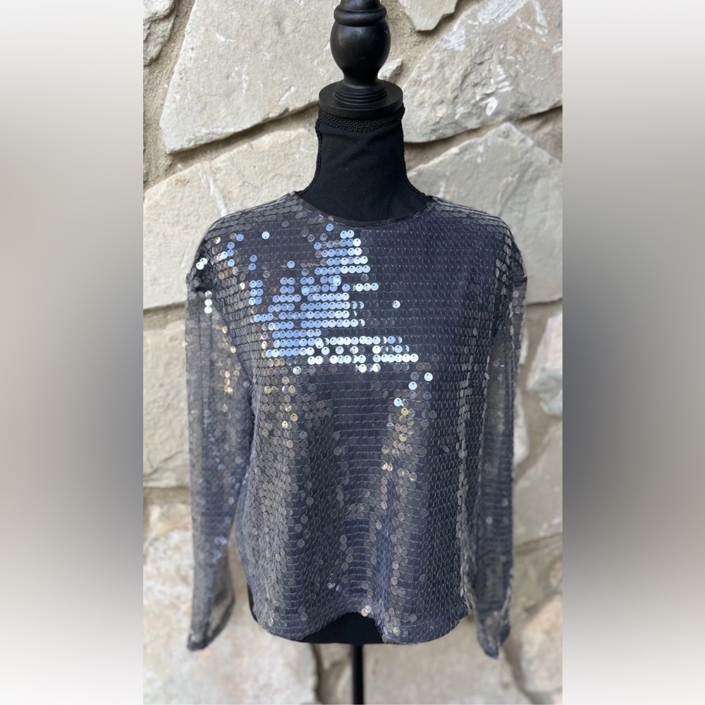 Bold Elements Sequin Blouse Top‎ Size Medium Gray Mesh Lined Long Slv Excellent